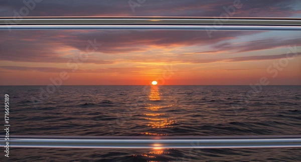 Fototapeta Close-up of a chrome stripe background reflecting a vibrant sunset over a calm ocean, creating a warm, golden gradient create with ai