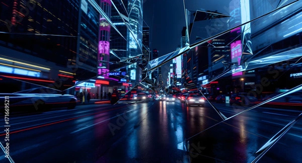 Fototapeta Abstract chrome stripe background with sharp, angular reflections of a bustling cityscape at night, featuring car headlights and building lights create with ai