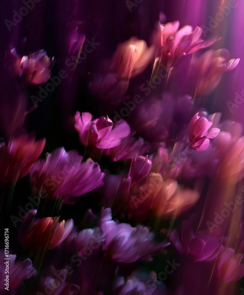 Fototapeta Purple flowers with motion blur effect. Dreamy and abstract floral background for art project.