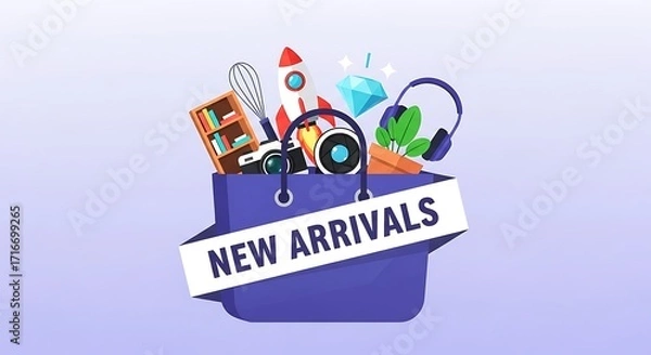 Fototapeta Shopping bag filled with new arrival items and a banner that says new arrivals