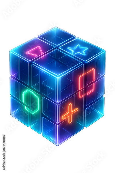 Fototapeta Neon Cube Puzzle: Abstract Geometric Design with Glowing Symbols