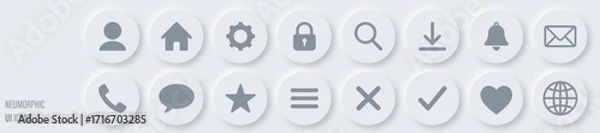 Fototapeta Minimalist set of 16 neumorphic UI icons in flat vector style with round buttons, soft shadows and modern clean design, perfect for websites, apps and digital interfaces