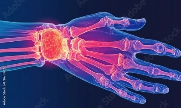 Fototapeta Digital illustration of human wrist displaying bones and inflammation in vivid colors