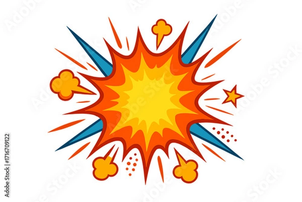 Fototapeta Comic explosion pop art element. Cartoon boom, bang or pow blast effect. Vector illustration of a dynamic burst with vibrant colors, illustrating impact and power for design.