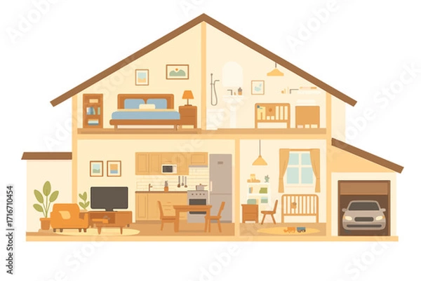 Obraz House in cross section. Detailed modern interior. Home cutaway with living room, kitchen, bedroom, nursery and garage. House inside view with furniture. Flat vector illustration.
