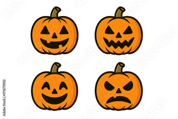 Fototapeta Halloween pumpkin icon set. Vector cartoon illustration of jack o' lantern faces showing different emotions. Spooky, happy, angry, and scary expressions for autumn holiday design.