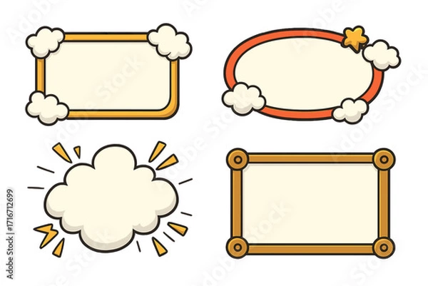 Obraz Cartoon style vector text frames and speech bubbles set with clouds, comic pop art elements, blank message boxes, decorative oval and rectangle shapes for design