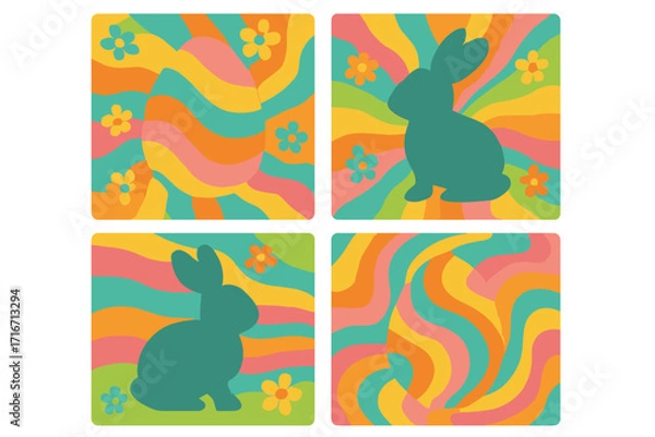 Fototapeta Groovy Easter greeting cards set. Retro 70s psychedelic backgrounds with egg and bunny silhouettes. Simple flat vector illustration. Spring hippie vintage style graphic.