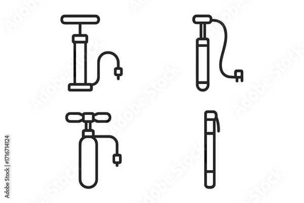 Fototapeta Bicycle pump icons set. Minimalist line art for bike repair and maintenance. Vector symbols for inflating tires. Manual air pump and inflation tool collection for cycling.