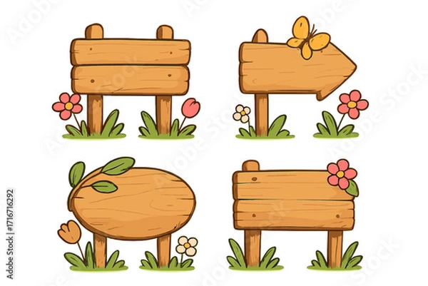 Fototapeta Cartoon wooden signboard set with spring flowers and a butterfly. Vector collection of rustic empty wood planks and signposts for messages. Cute garden announcement banner.