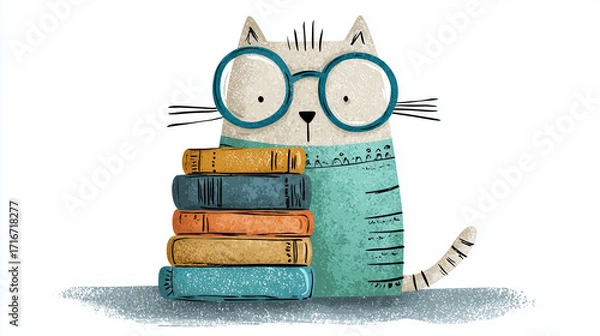 Fototapeta A cute kitten illustration with blue-rimmed glasses holding a stack of watercolor-style books. isolate on white background