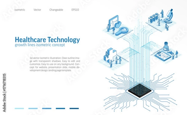 Fototapeta Health care, medical AI technology. Isometric line icon illustration. Digital data growth, business people teamwork concept. Healthcare system process, chip connection 3d vector background design.
