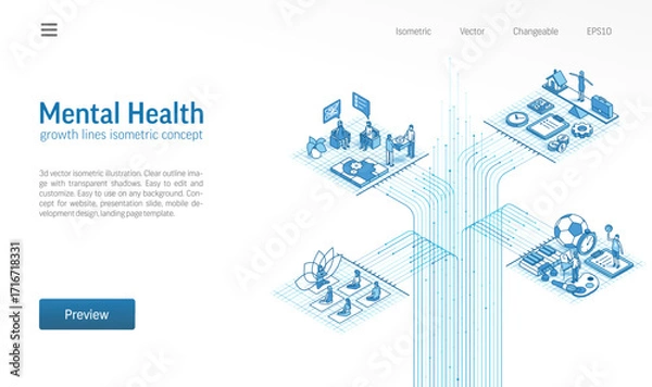 Fototapeta Mental health, psychotherapy isometric line icon illustration. Wellness, treatment journey, work life balance concept. Healthcare system process, growth 3d vector background. Infographic design.