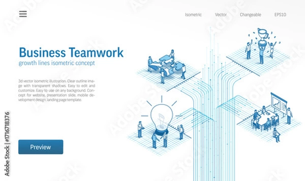 Fototapeta Office work process, partner meeting isometric line icon illustration. Digital technology, people teamwork, data growth 3d vector design concept. Business team communication system background.