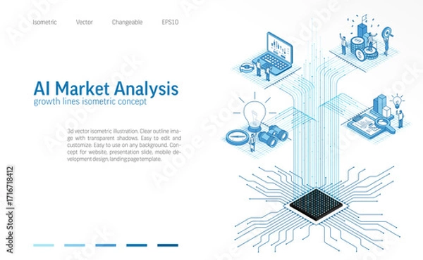 Fototapeta AI Market Analysis isometric line icon illustration. Financial digital data, money growth gaph chart concept. Stock trade system process, chip connection background. Business people 3d vector design.