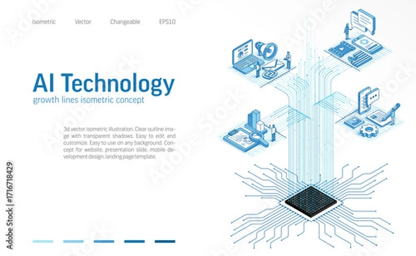 Fototapeta AI technology isometric line icon illustration. Digital data analysis, people teamwork with artificial intelligence. Content creation, system process, innovation 3d vector design background.