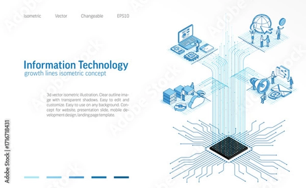 Fototapeta Information technology isometric line icon illustration. Data server room, cloud system, engineers teamwork, app development, global communication, internet network 3d vector design background.
