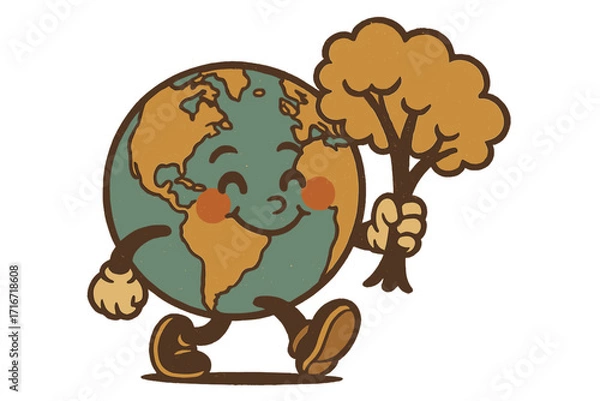 Obraz Vintage retro 70s style happy Earth planet mascot walking with smiling face holding tree, eco-friendly environment concept, Earth Day celebration, cute nature character illustration