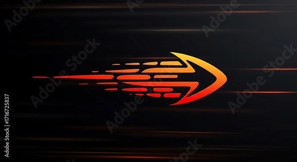 Fototapeta A vibrant, fiery arrow symbol with a sense of motion and speed, set against a dark, blurred background with subtle streaks of light.