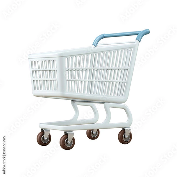 Fototapeta A clean, white plastic shopping cart with blue handles and brown wheels, isolated on a transparent background, representing commerce and retail