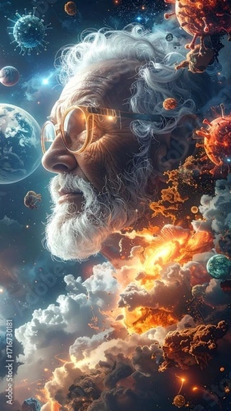 Fototapeta Elderly scientist gazing at cosmos,  surrounded by cosmic elements