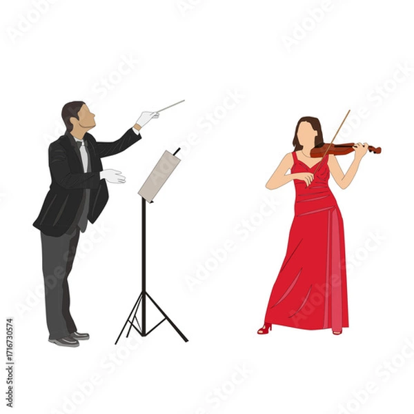 Fototapeta Illustration of an orchestra with a conductor and a violinist