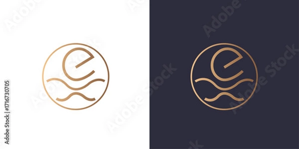 Fototapeta Letter E logo monogram, home waves pools minimal style identity initial logo mark. Golden gradient vector emblem logotype for business cards initials infinite symbol.