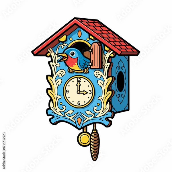 Fototapeta Cuckoo Clock Illustration Decorative timepiece with a charming bird, showing the time, and vintage design
