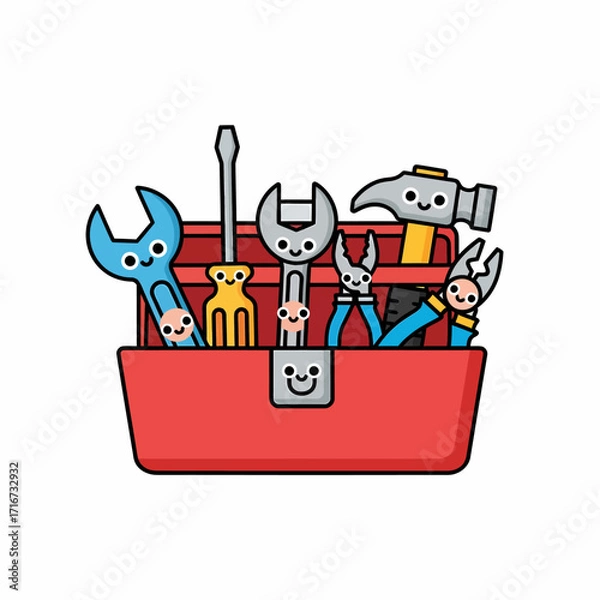 Fototapeta A cheerful collection of kawaii-style cartoon tools with happy smiling faces inside a bright red toolbox, ready for a fun DIY project