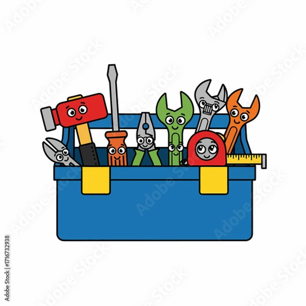 Fototapeta Cheerful cartoon toolbox with friendly anthropomorphic hand tools, representing DIY, home repair, and creative construction concepts