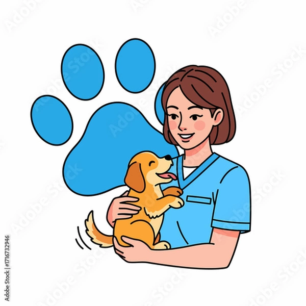 Fototapeta Veterinarian holding a happy puppy with paw print background