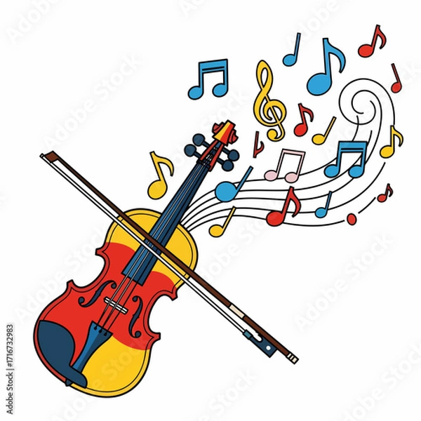 Fototapeta Vibrant Cartoon Violin with Bow and Swirl of Colorful Musical Notes, Expressing the Joy of Melody and Artistic Performance