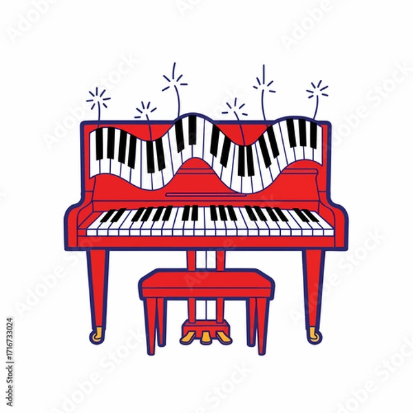 Fototapeta Artistic illustration of a red piano with keys, stool, and whimsical accents, perfect for music lovers