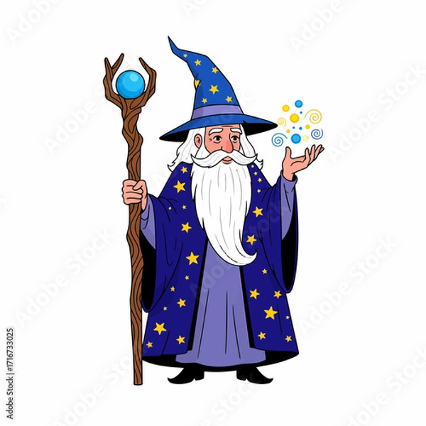 Fototapeta Charming illustration of a powerful sorcerer featuring a flowing white beard, a mystical blue pointed hat, and a magical staff, conjuring vibrant magic