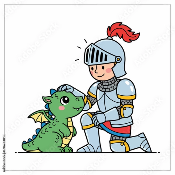 Fototapeta Whimsical vector illustration depicting a gentle knight kneeling to pet a cute and friendly little dragon
