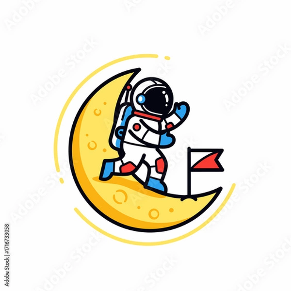 Fototapeta Astronaut walking on the moon with a flag