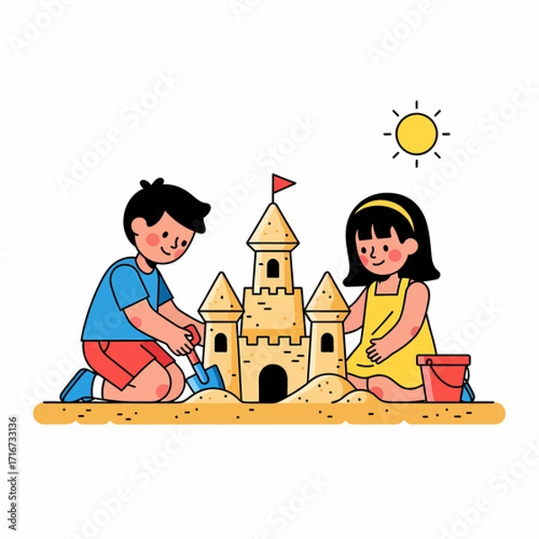 Fototapeta Building Memories Children Constructing a Sandcastle on a Sunny Beach, Enjoying Seaside Fun