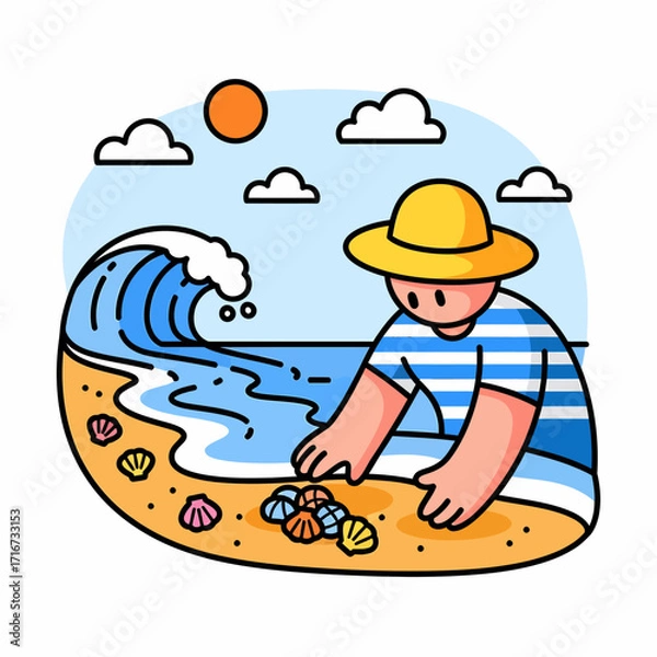 Fototapeta Collecting seashells on the beach A sunny day adventure with the ocean waves