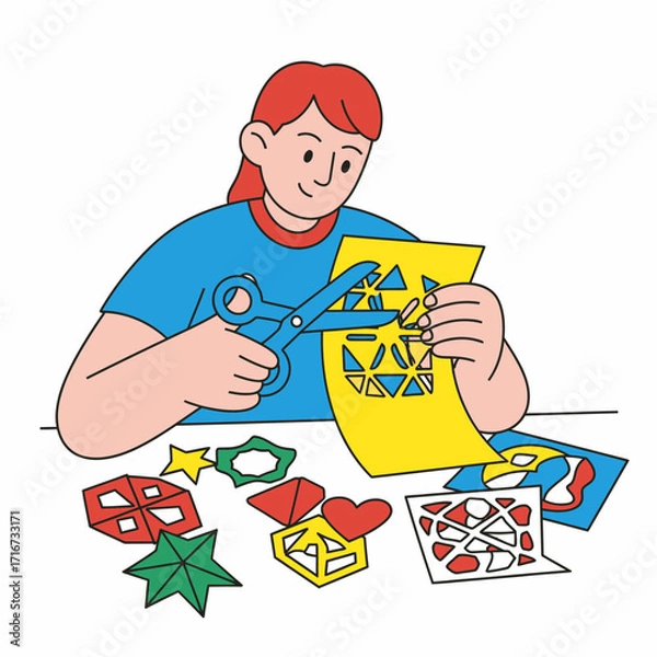 Fototapeta Creative young person skillfully crafting decorative shapes from yellow paper with scissors, surrounded by colorful cutouts, embodying artistic expression and childhood hobby