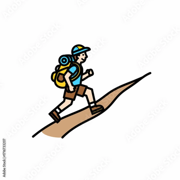Fototapeta Hiking Cartoon Character Climbing Up a Mountain Trail with Backpack