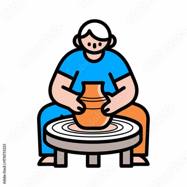 Fototapeta Simple flat illustration of a potter working with clay on a wheel. Concept of handmade ceramics, art, and creative workshops