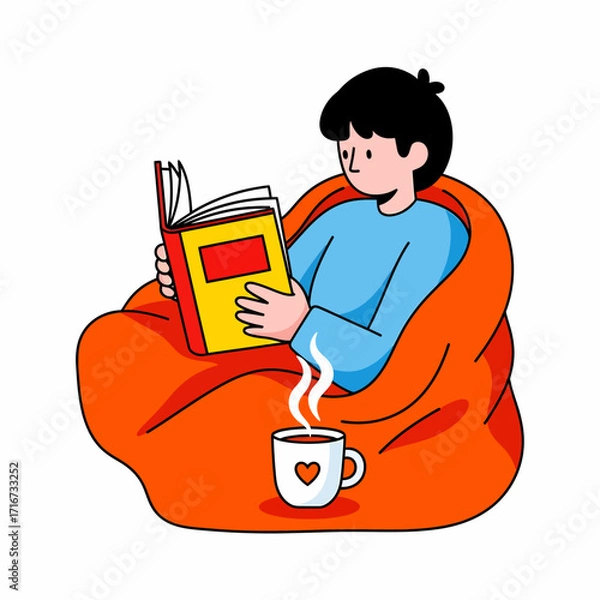 Fototapeta Cozy Reading Time Person Relaxing in Bean Bag Chair with Book and Warm Drink