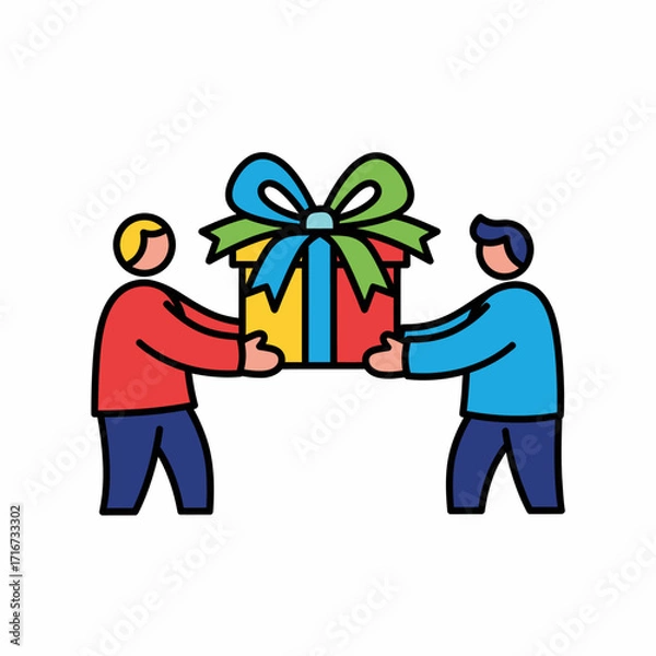 Fototapeta A colorful line art icon illustrating the concept of giving, with two people holding a large wrapped present