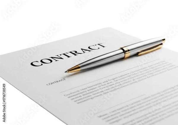 Fototapeta Formal legal contract document with "CONTRACT" and sleek silver pen with gold accents on transparent background, symbolizing agreement. Concept of trust and legal business