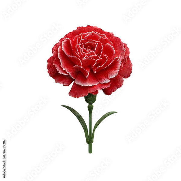 Fototapeta A single, vibrant red carnation flower with delicate, ruffled petals and a green stem, isolated on a clean transparent background, showcasing its intricate natural beauty and classic floral form
