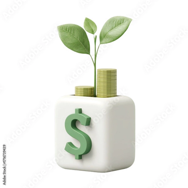 Fototapeta A 3d rendering of a white cube with a green dollar sign on the front, a small plant growing out of the top, and stacks of gold coins behind it, isolated on transparent background