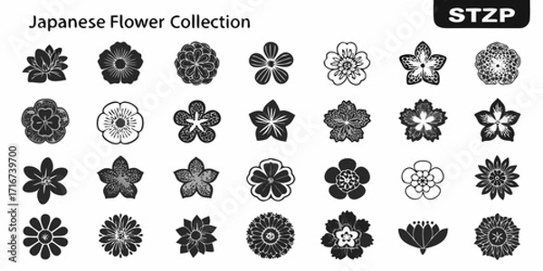 Fototapeta Collection of japanese floral motifs in black and white silhouette style