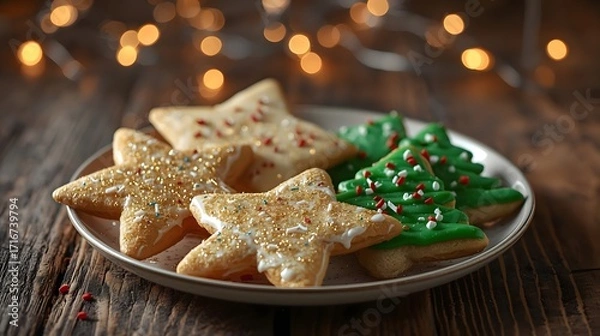 Fototapeta Festive Christmas Cookies: Star-Shaped and Tree-Shaped Treats on Display