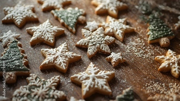 Fototapeta Festive Christmas Cookies with Snowflake and Tree Designs on Wooden Surface