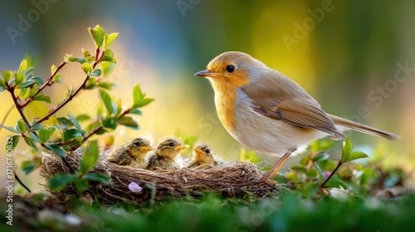 Fototapeta Mother bird feeding her chicks in a nest surrounded by greenery  